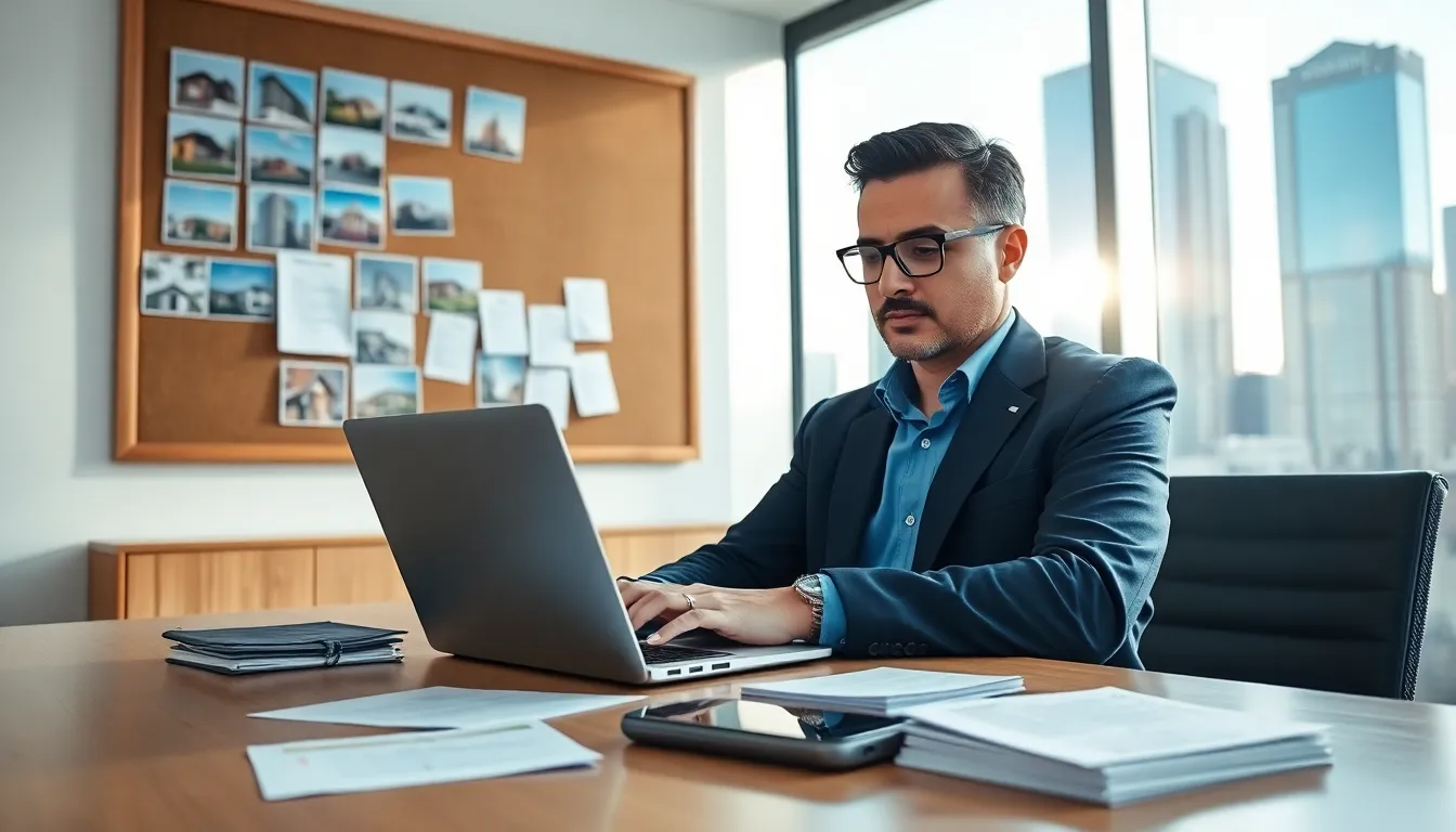 A realty manager working on an email in a modern office.