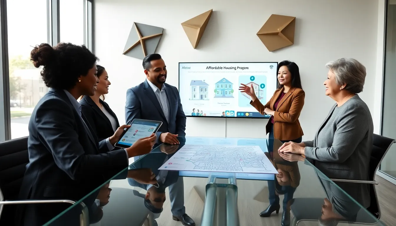 diverse professionals discussing low income housing options in Atlanta.