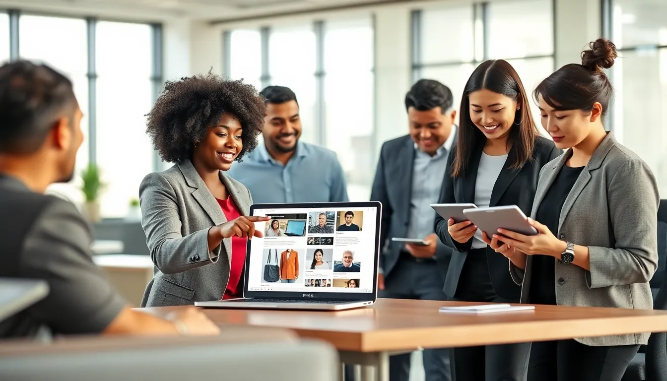 diverse team discussing Lovelolablog platform updates in a modern office.