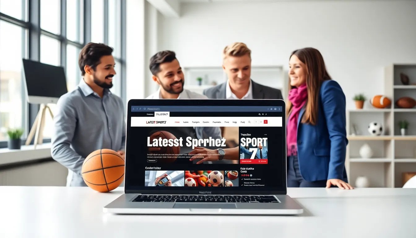 diverse professionals discussing sports news in a modern workspace.