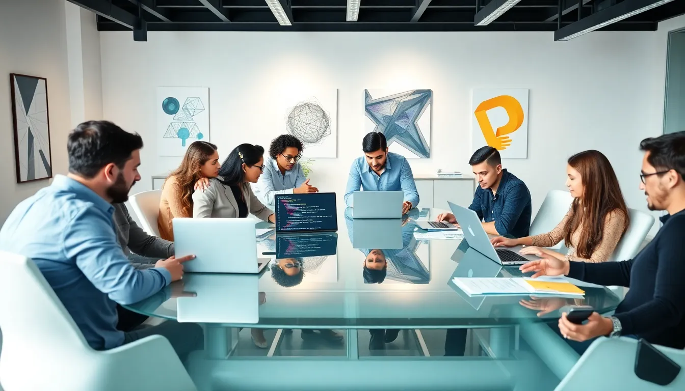 diverse developers collaborating in a modern office setting.