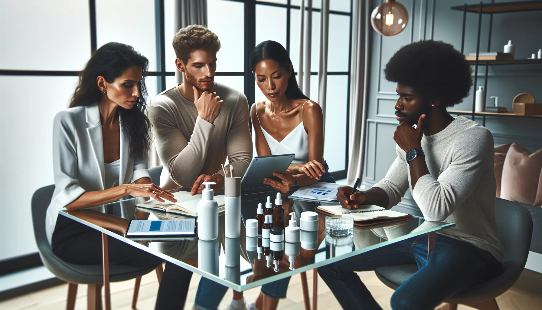 diverse team discussing skincare research in a modern office.