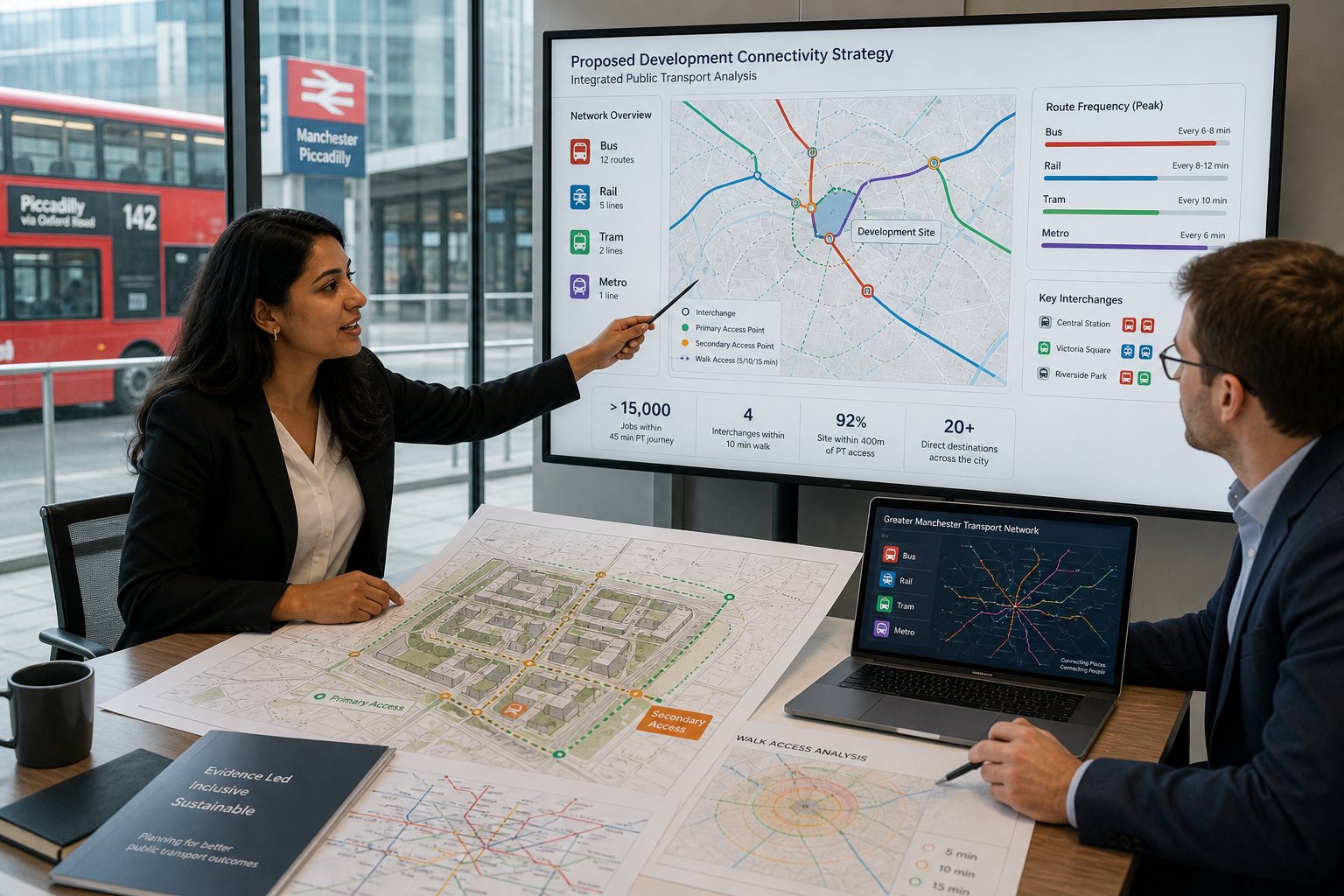 Consultants reviewing UK public transport plans for a development site.