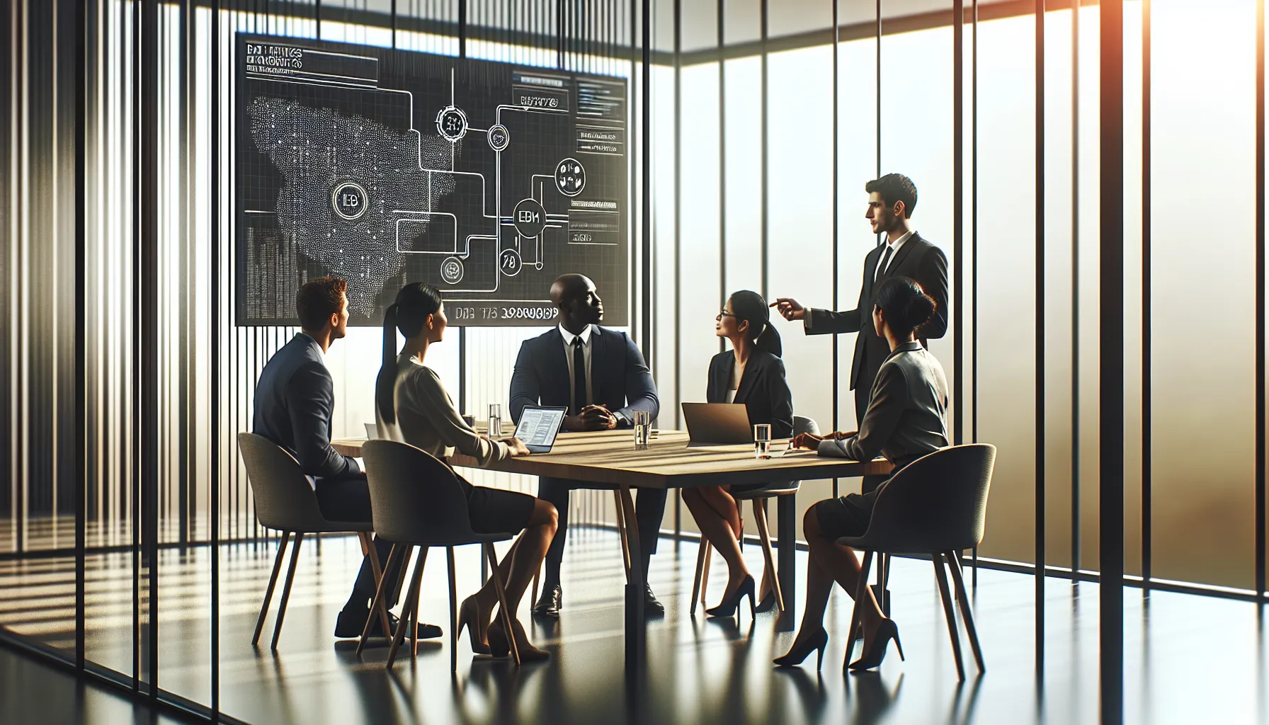 business team discussing data ethics in a modern conference room.