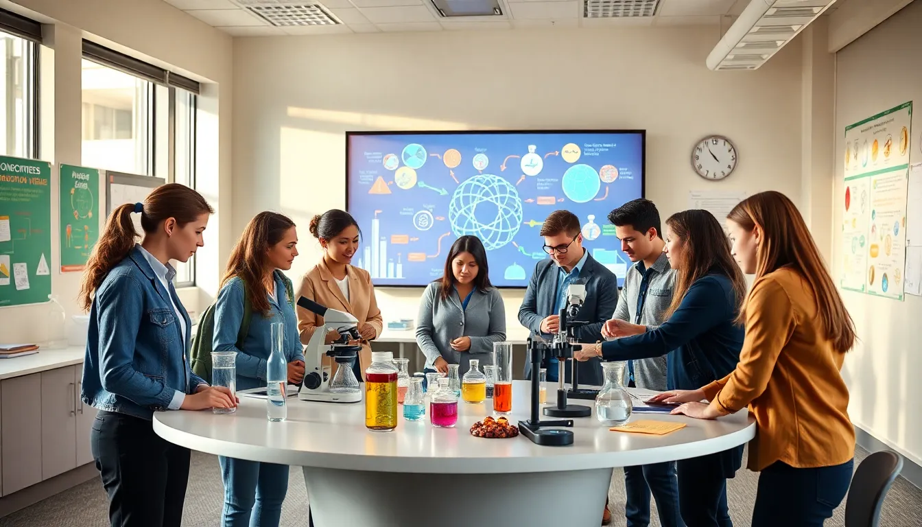 diverse students collaborating on an integrated science project in a bright classroom.