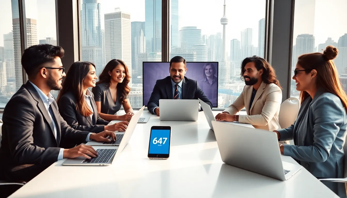 diverse professionals in a modern office collaborating over technology.