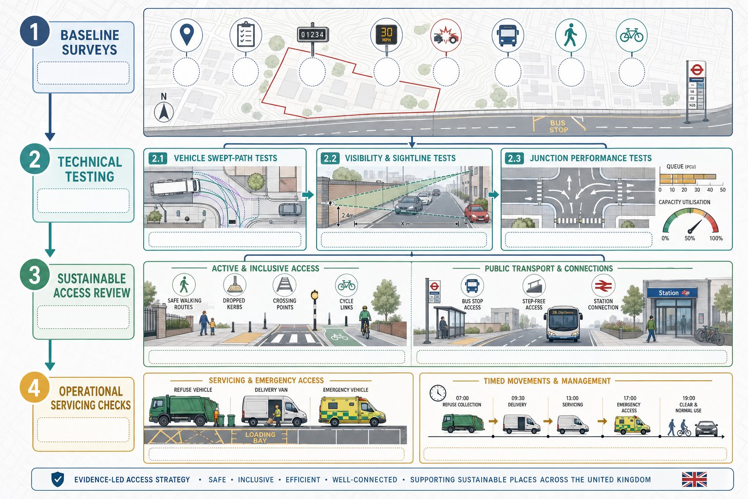 Infographic of access strategy surveys, junction tests, and walking, cycling, transport checks.