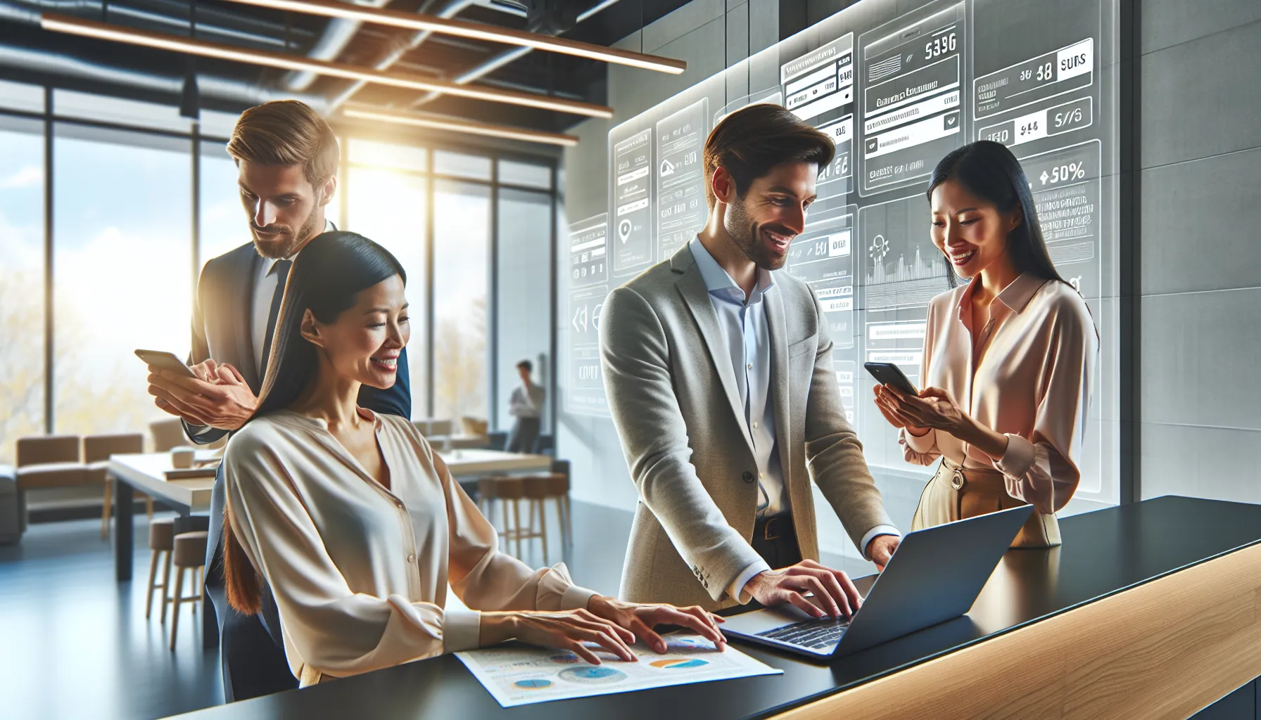 MyWirelessCoupons Topics: Unlocking Savings Like a Pro 9 diverse professionals collaborating on coupon savings strategies in an office.