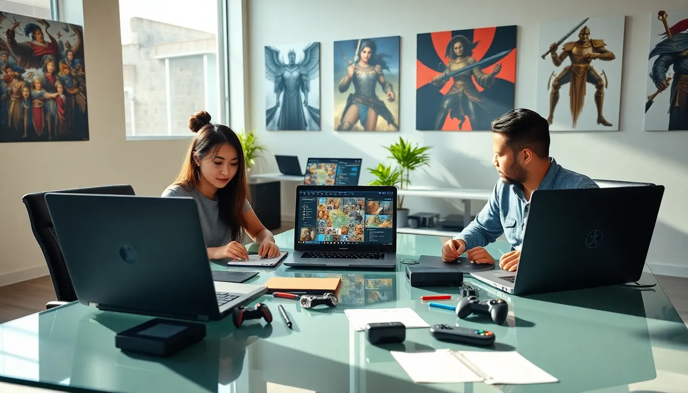 diverse gamers collaborating on CK2Generator in a modern office.
