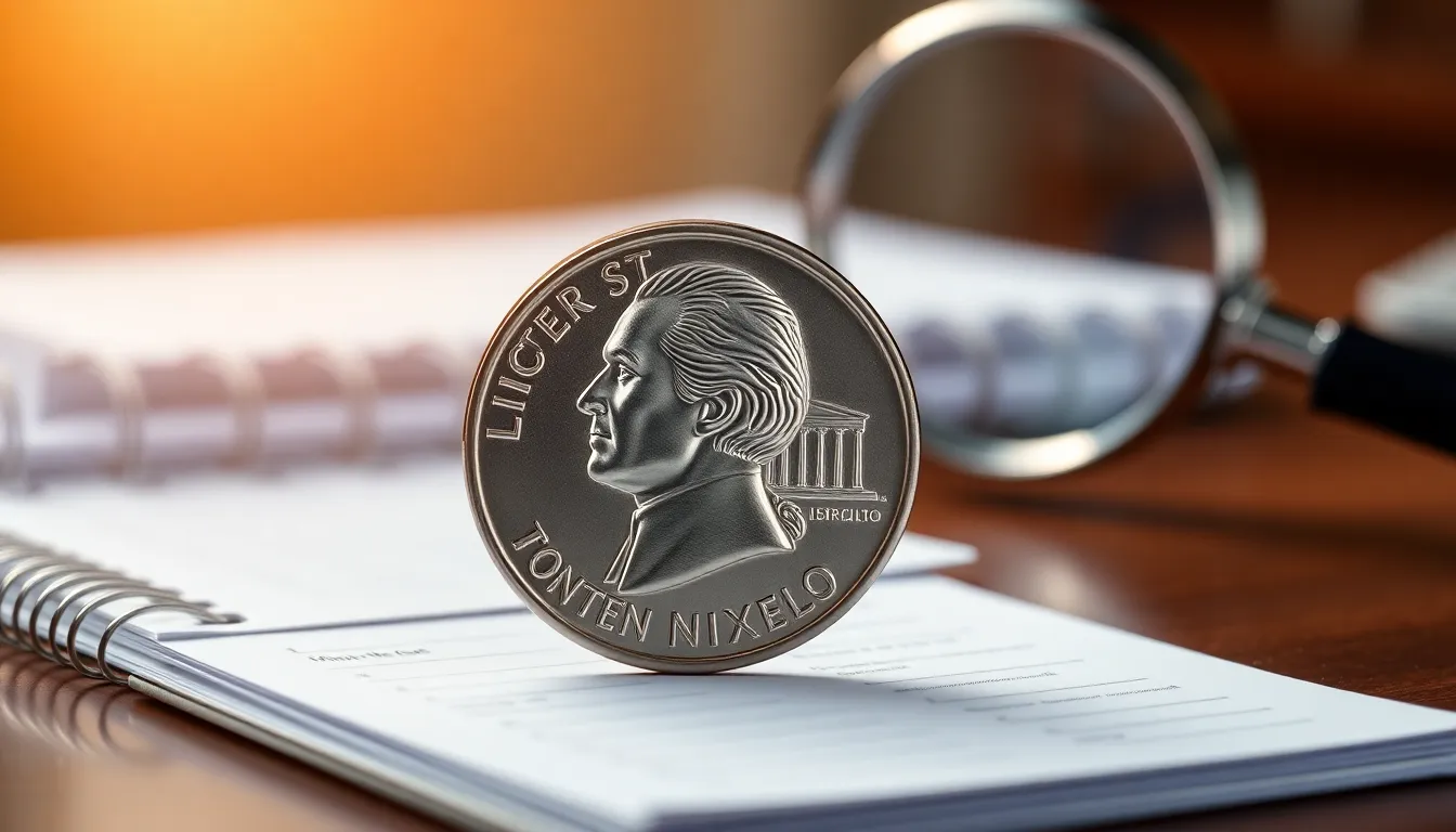 Close-up of a modern nickel on a polished desk.