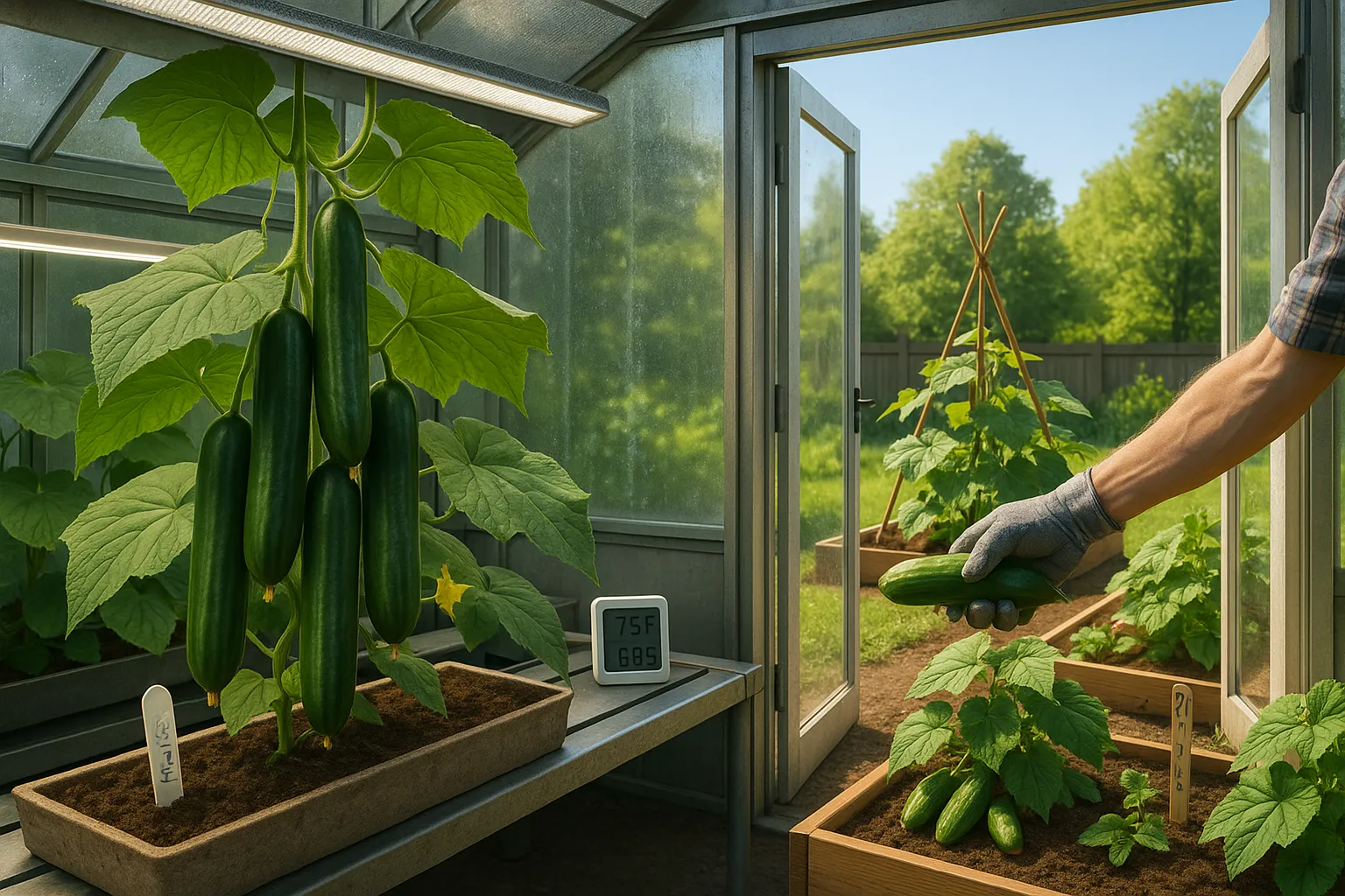 Greenhouse cucumbers on a trellis with sunny outdoor raised beds beyond.