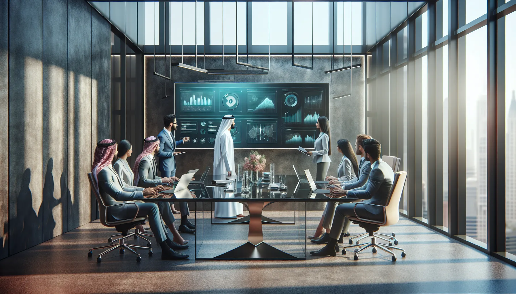 diverse team discussing software features in a modern office.