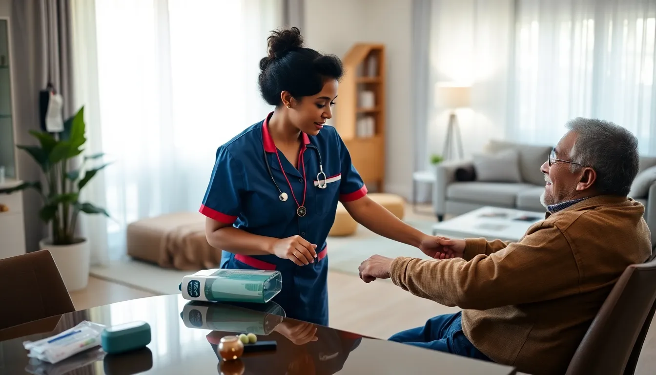 caregiver assisting a patient in a cozy home environment.