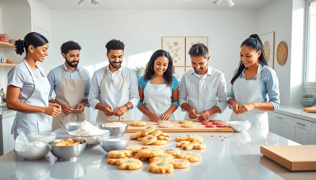 diverse bakers preparing various cookies in a modern kitchen.
