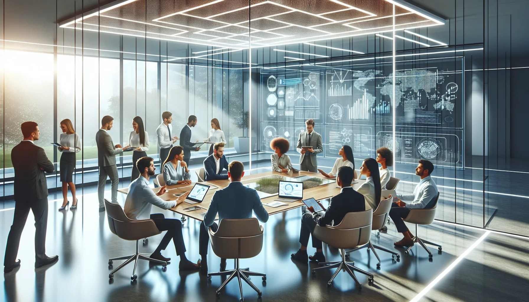diverse professionals collaborating on technology solutions in a modern office.