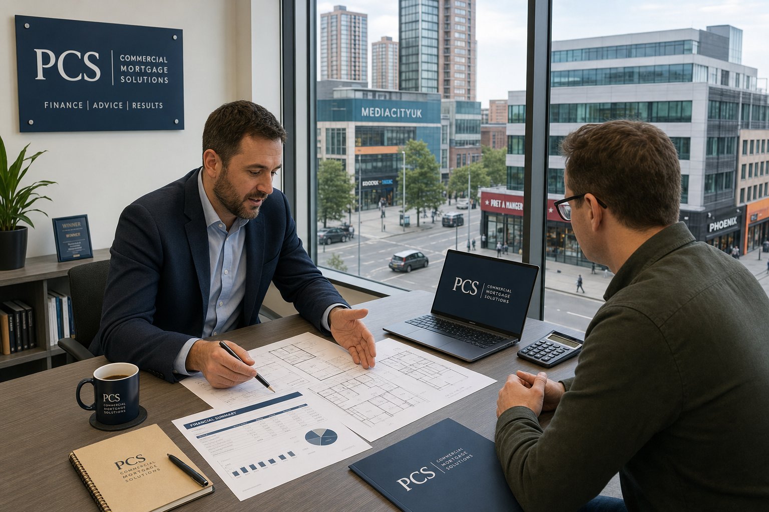 Adviser and client reviewing finance documents for Salford commercial properties in a modern office.