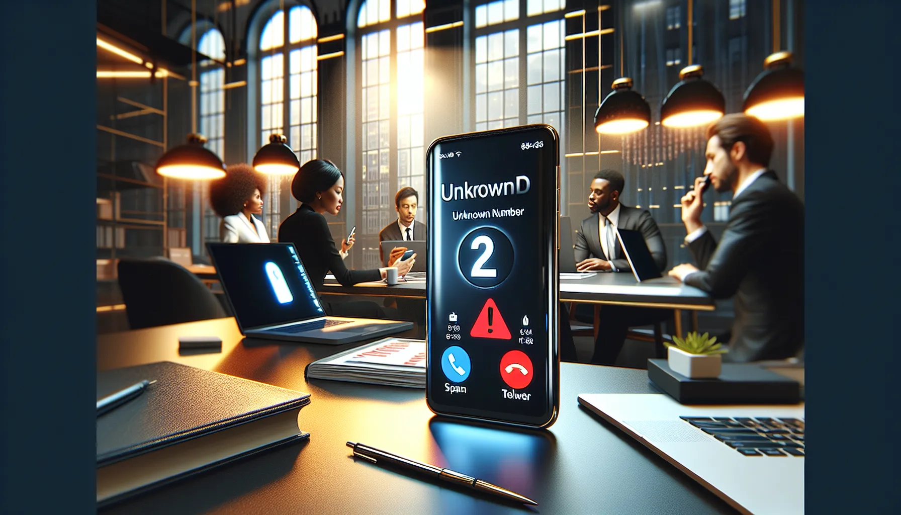 professionals discussing caller ID technology in a modern office.