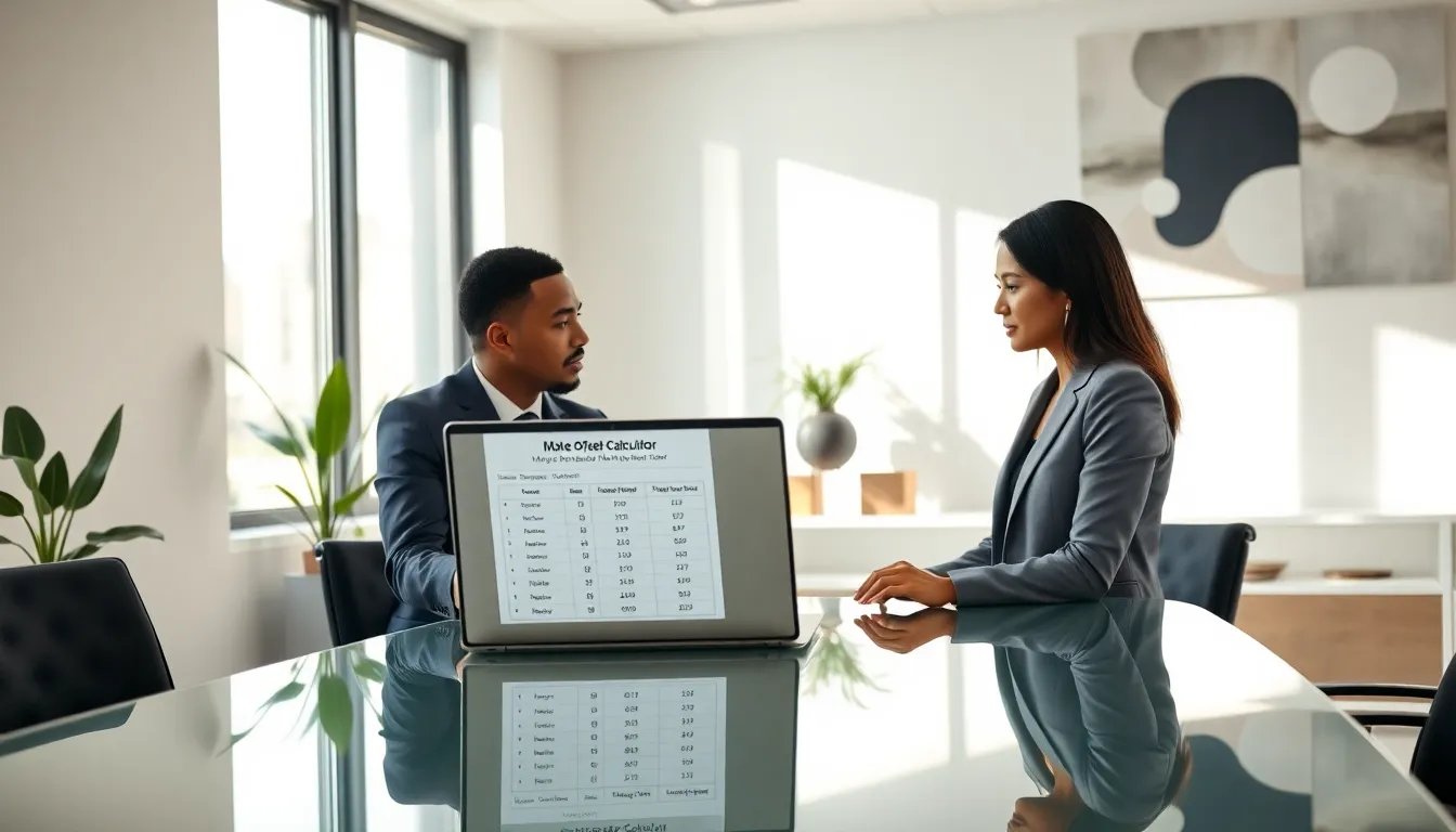 diverse finance team collaborating on a mortgage offset calculator in a modern office.