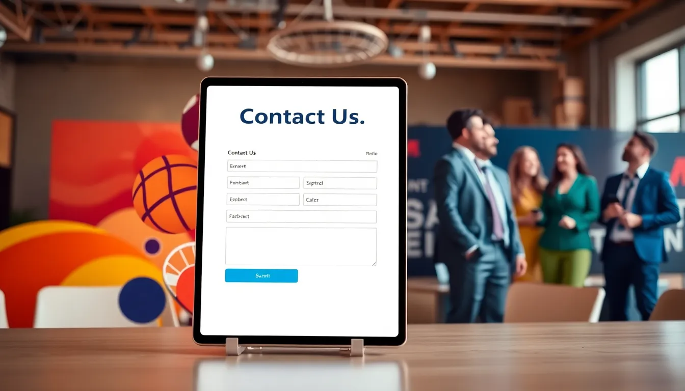 Digital 'Contact Us' form on a sports-themed background.