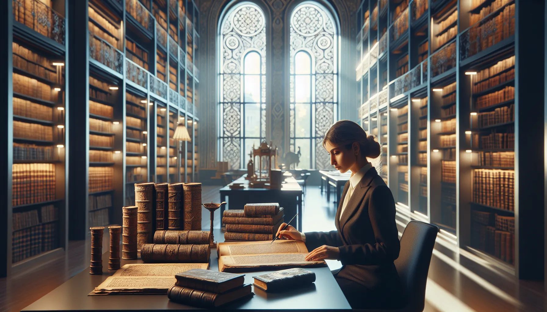 historian reviewing manuscripts in a modern library.