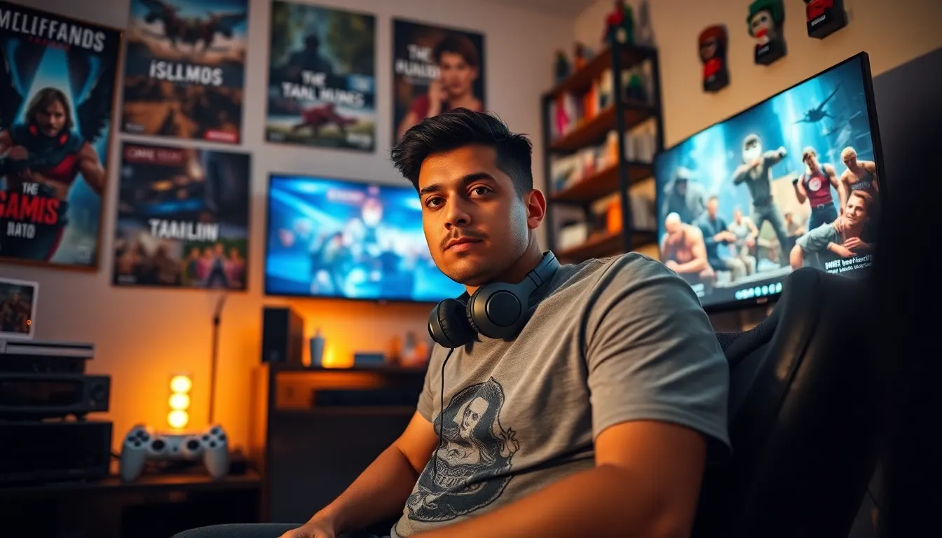 Larry Nando analyzing a video game in his cozy gaming room.