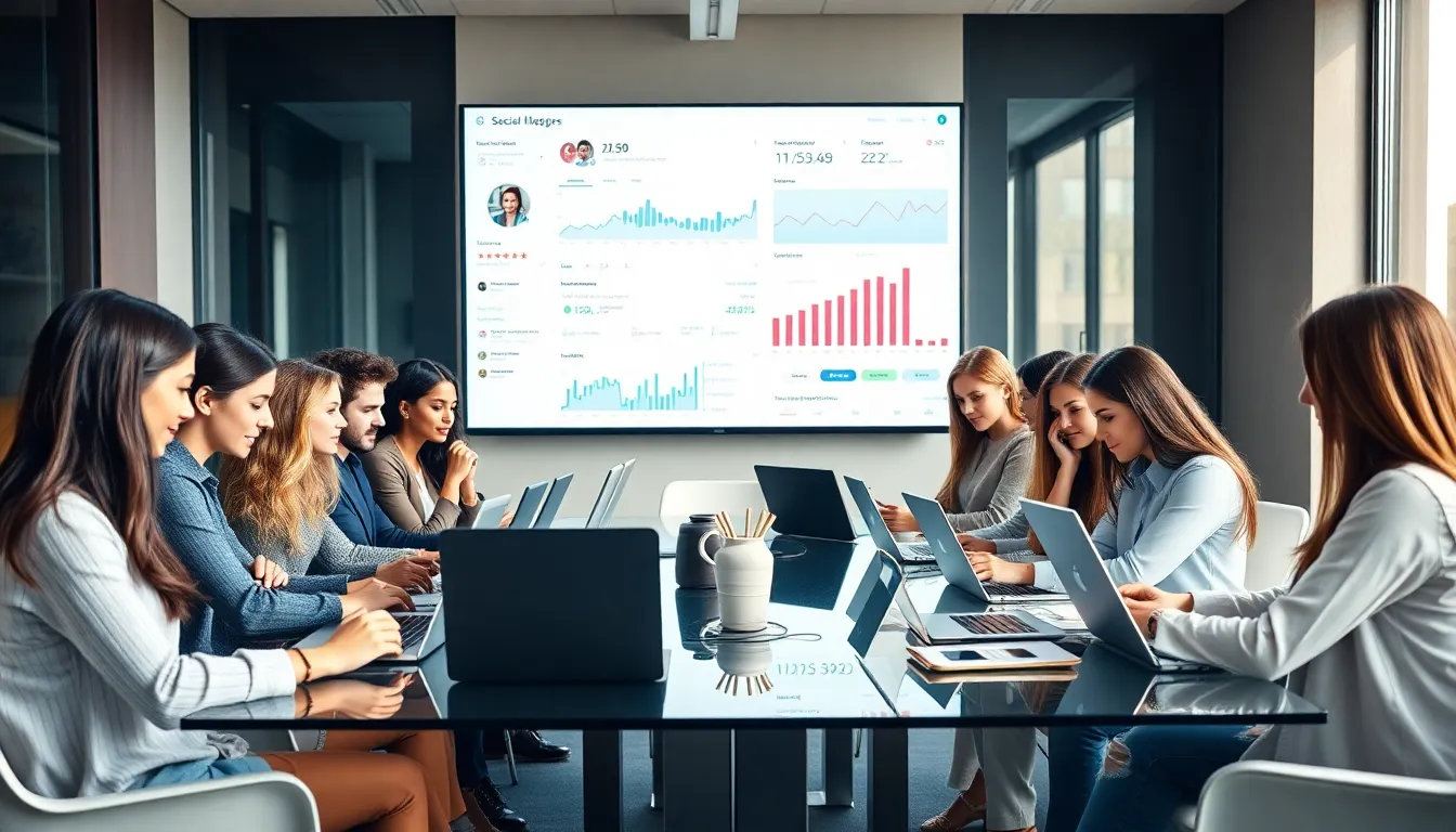 diverse bloggers collaborating in a modern office setting.