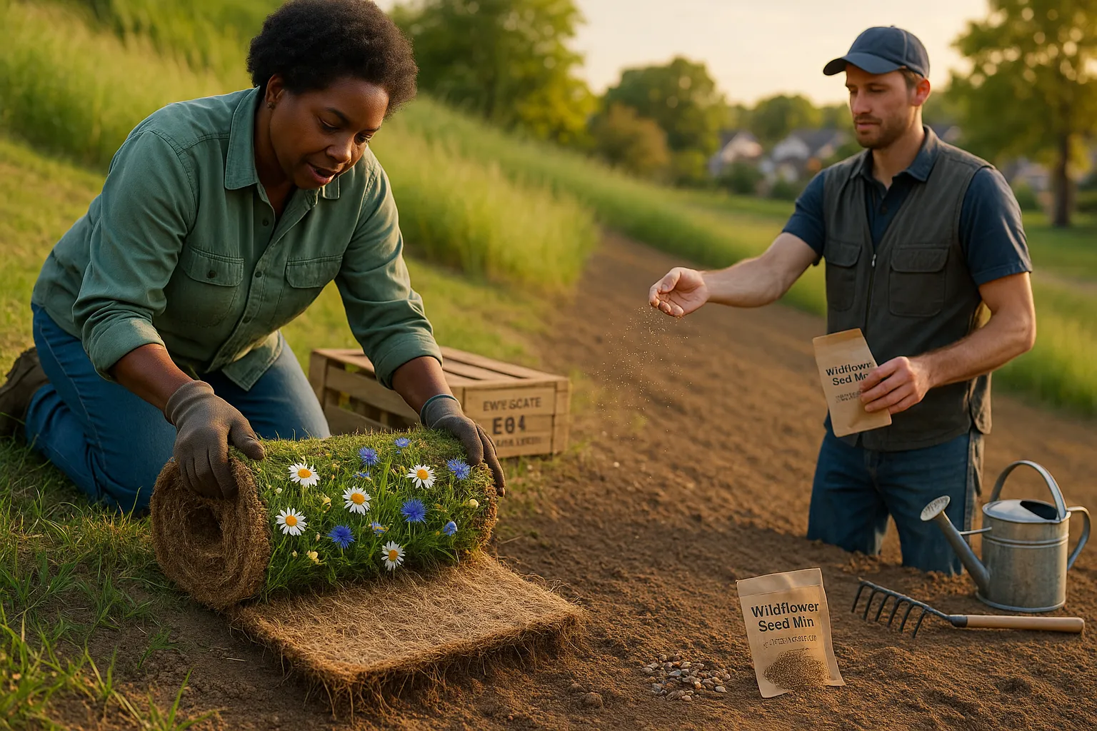 Worker unrolling wildflower turf while another sows loose seed on a slope.