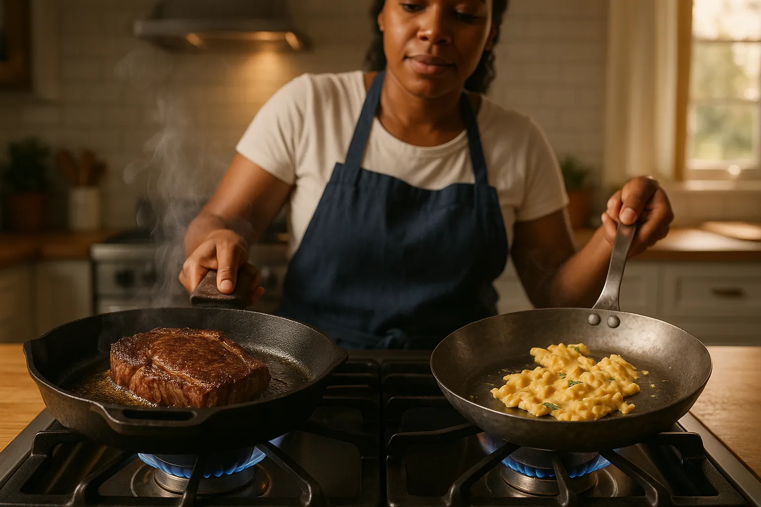 two skillets on a stove: searing steak in cast iron, eggs in carbon steel