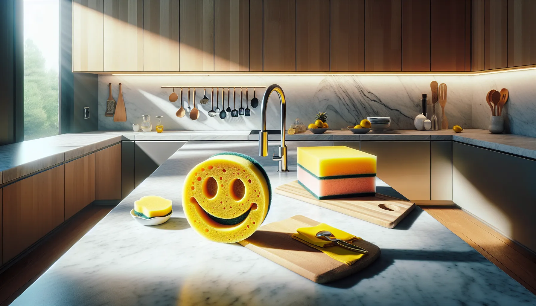 A Scrub Daddy and Scrub Mommy sponge on a kitchen counter.