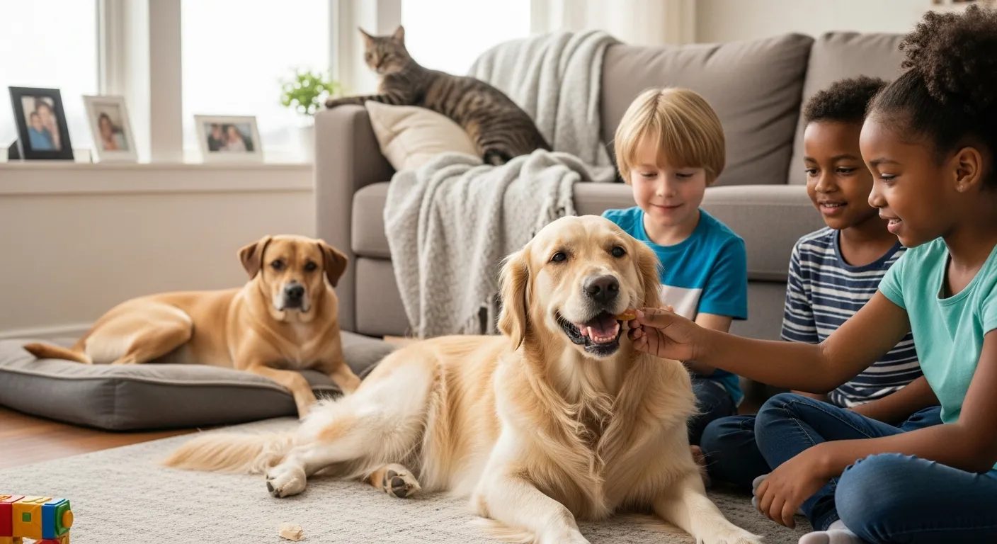 Calm Golden Retriever with children in a cozy living room with other pets.