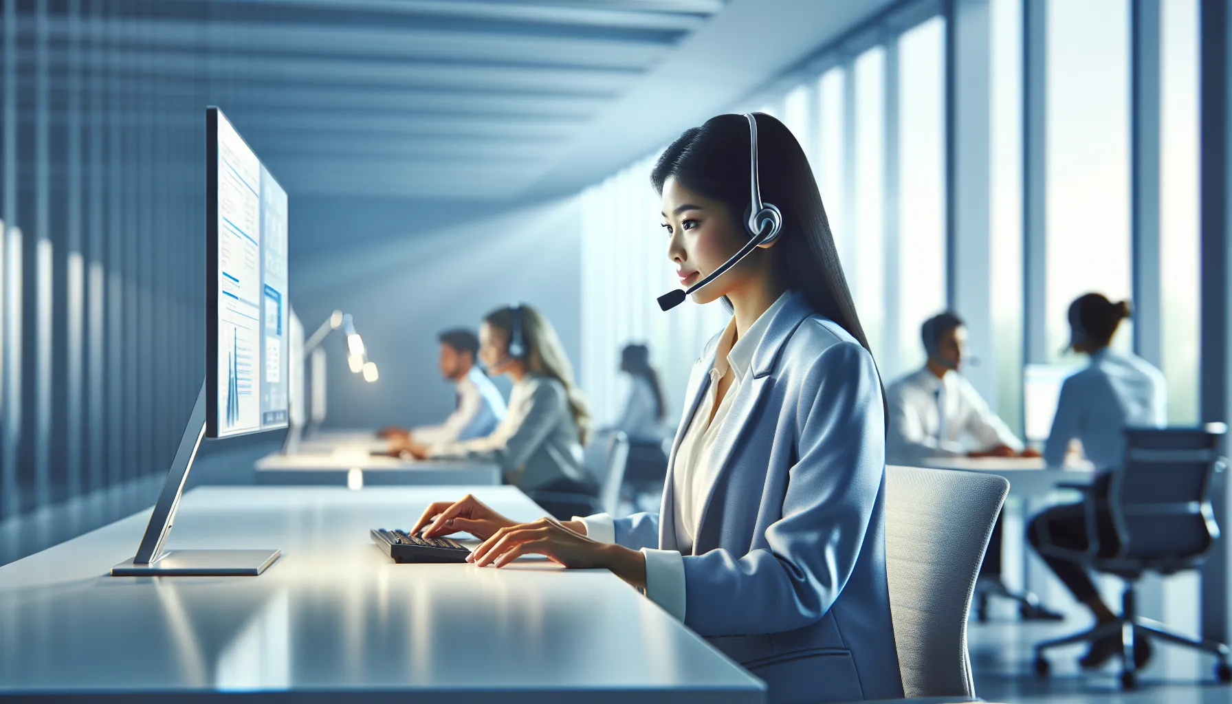 customer service representative assisting a caller in a modern office.