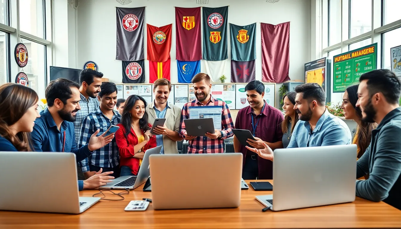 diverse group discussing football manager strategies in a modern space.