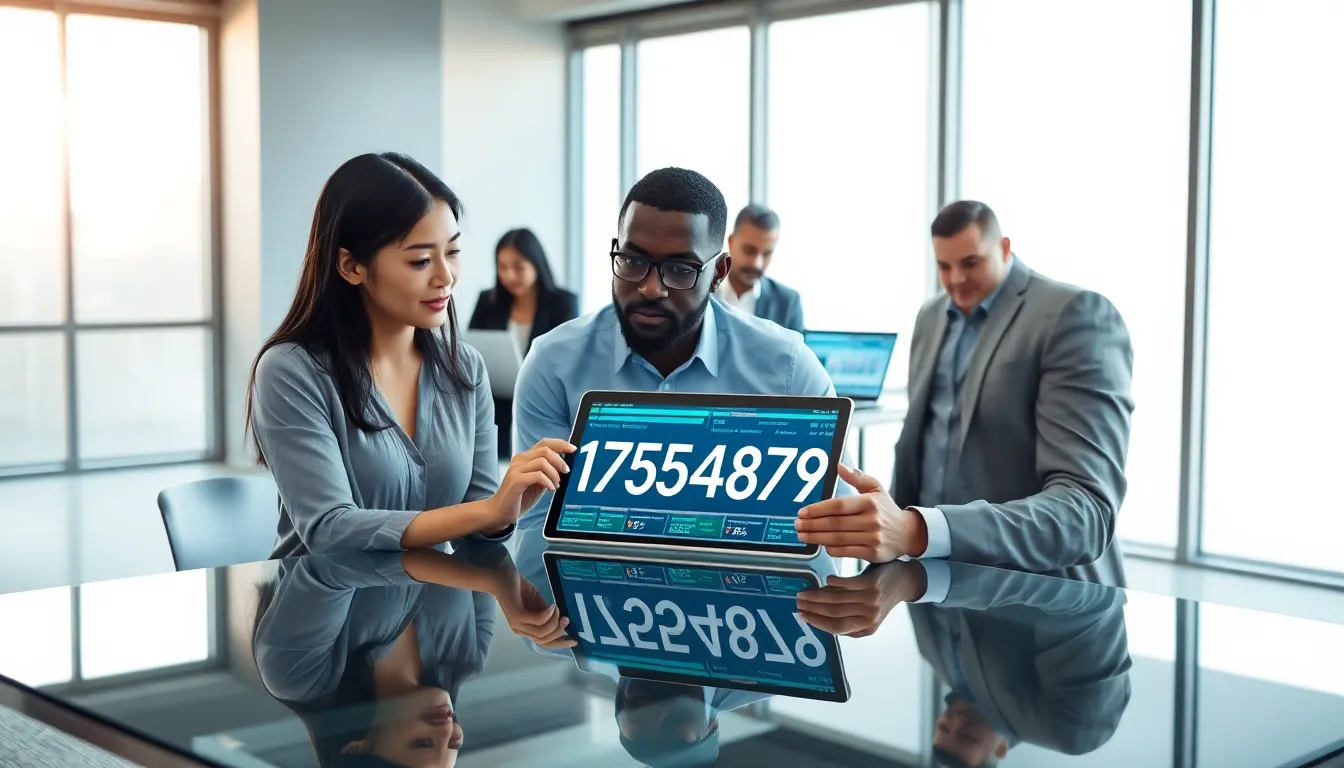 diverse team discussing technology and numbers in a modern office.