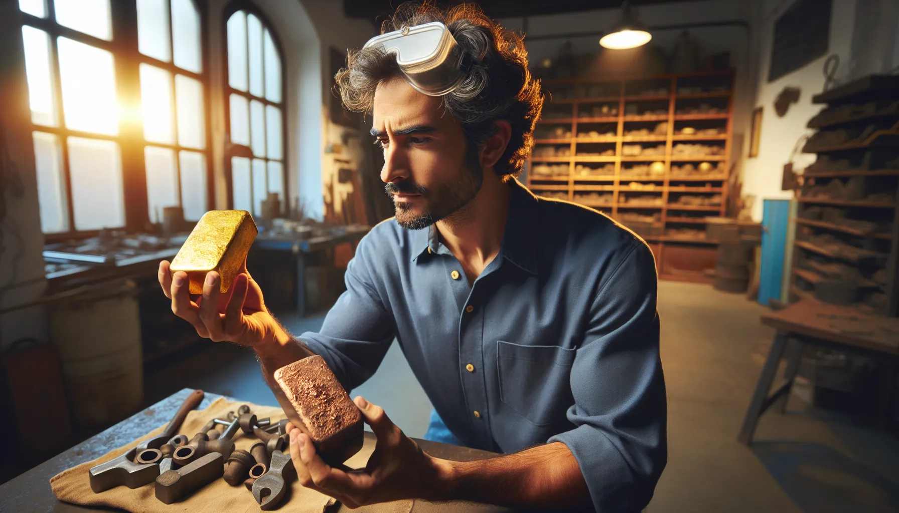 An artisan compares brass and bronze ingots in a workshop.