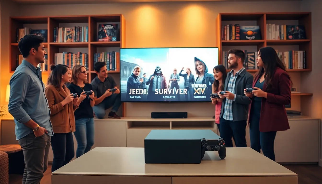 diverse gamers discussing new PS4 releases in a modern living room.