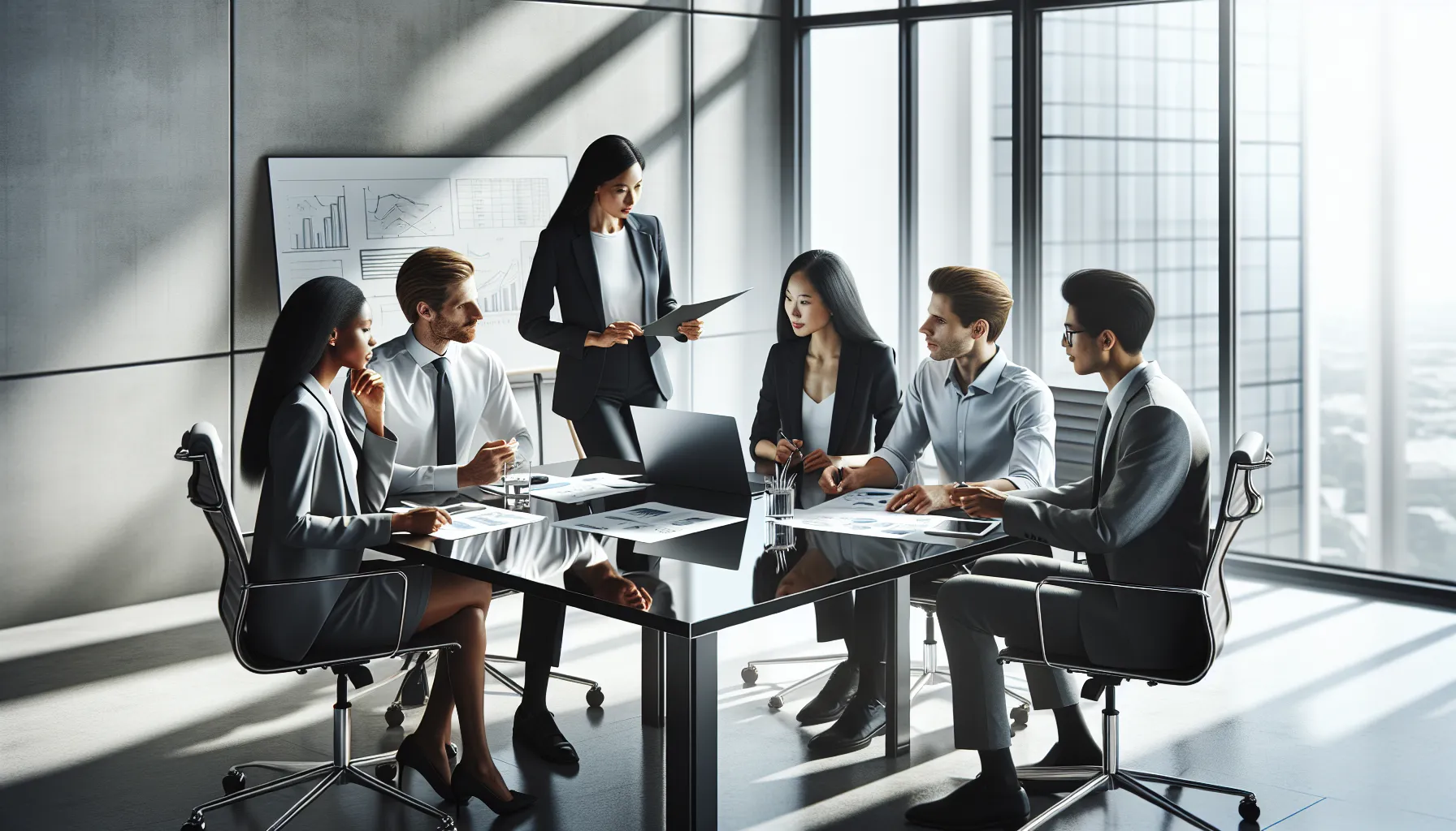diverse team discussing business consulting benefits in a modern office.