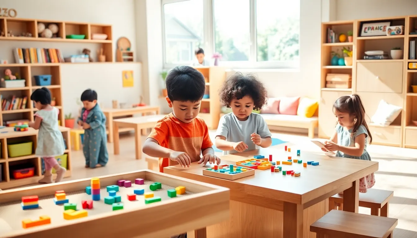 Diverse children exploring hands-on activities in a bright Montessori classroom.