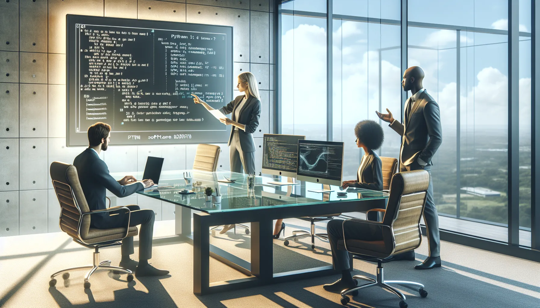 IT team discussing Python software issues in a modern office.