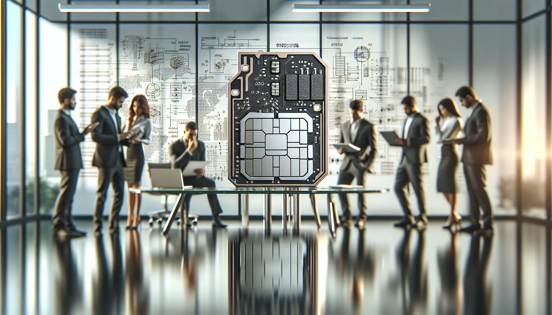 engineers discussing a SIM module in a modern office.