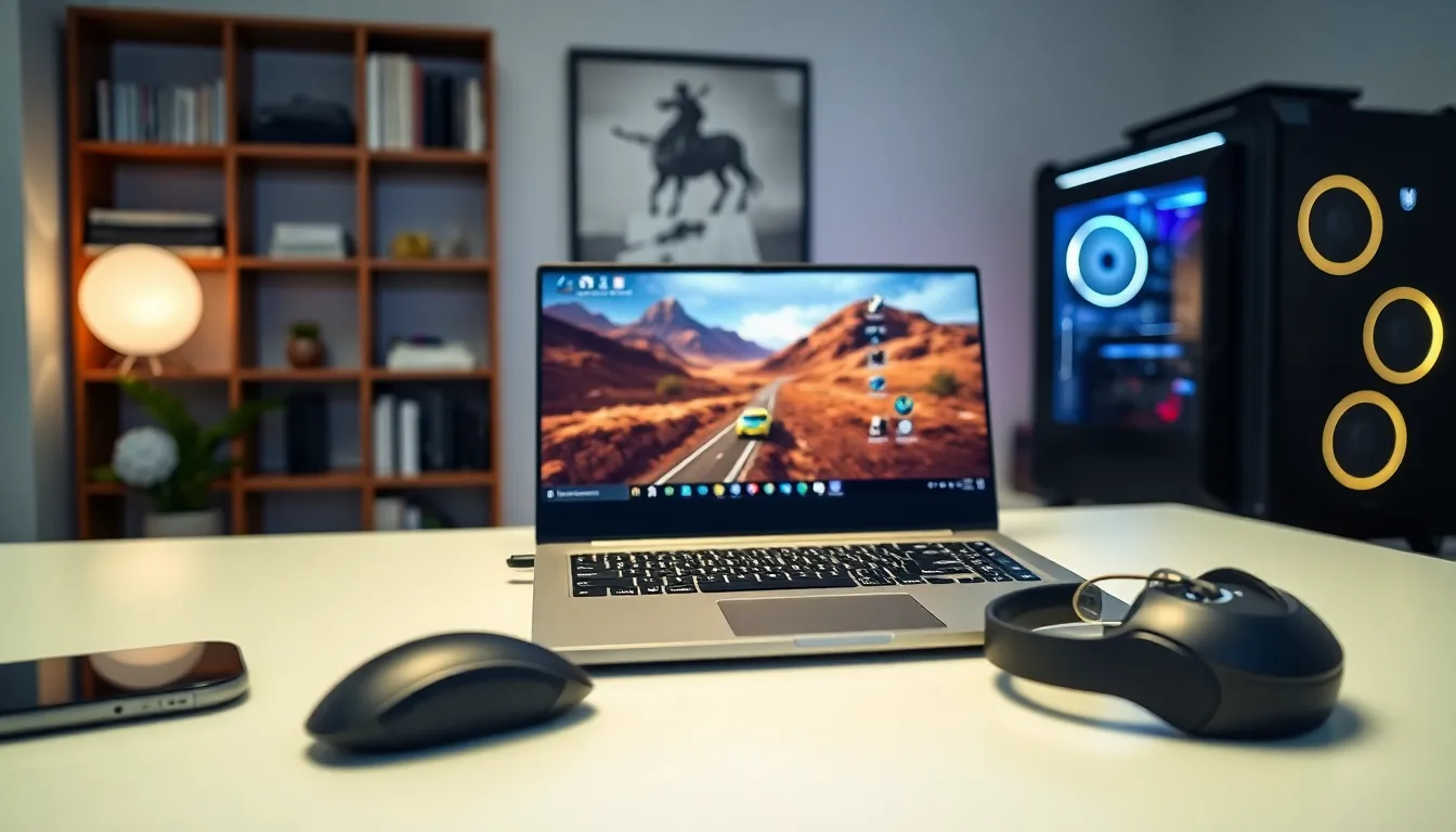A gaming laptop with a powerful gaming scene on display, beside a gaming PC.