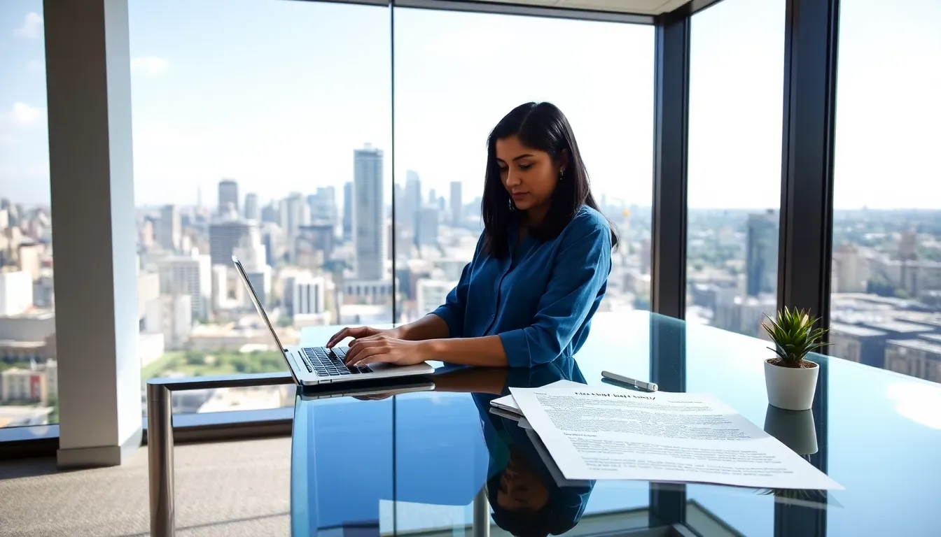 A woman typing on a laptop in a modern office, emphasizing effective communication.