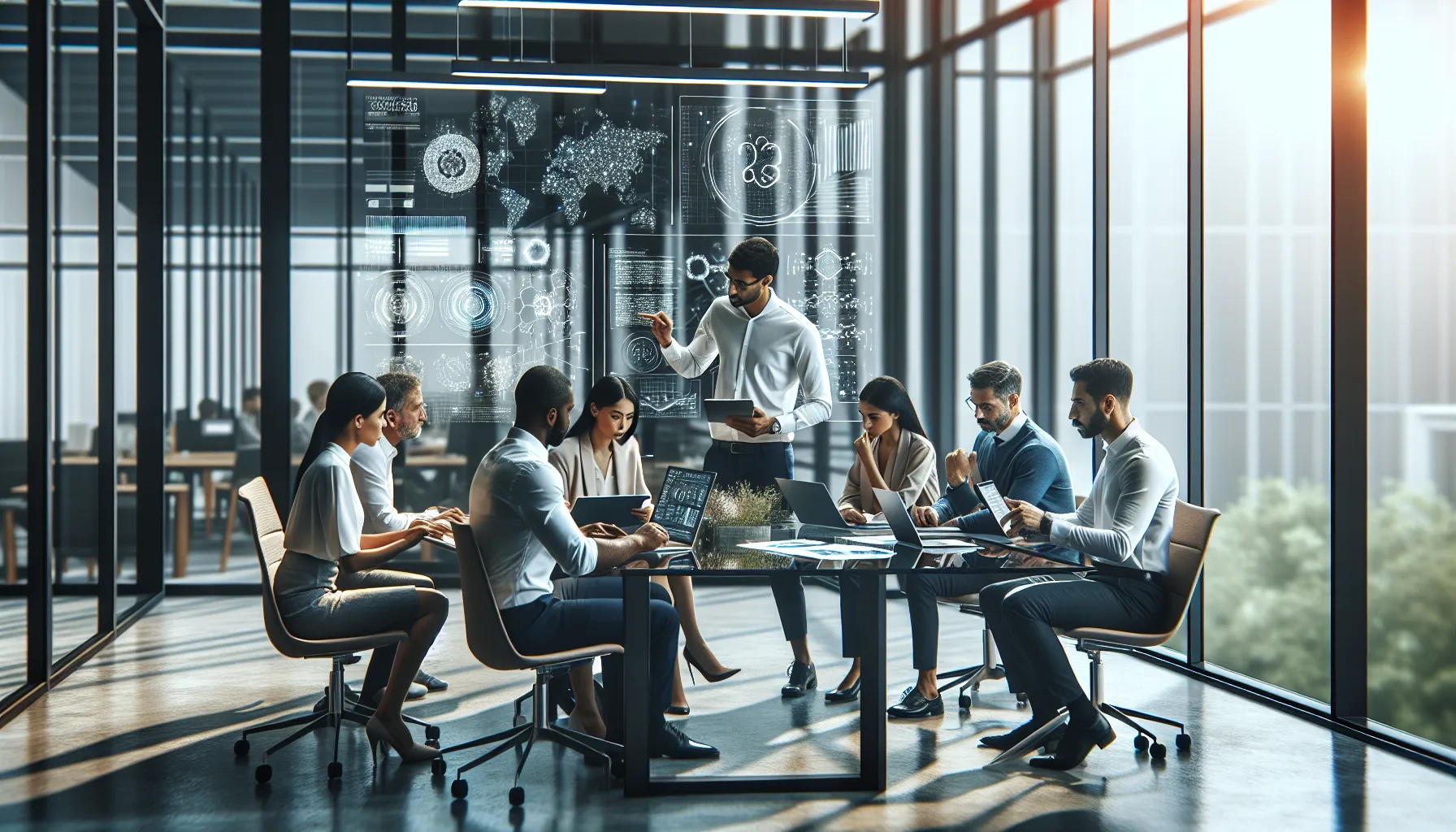 diverse team discussing technical specifications in a modern office.