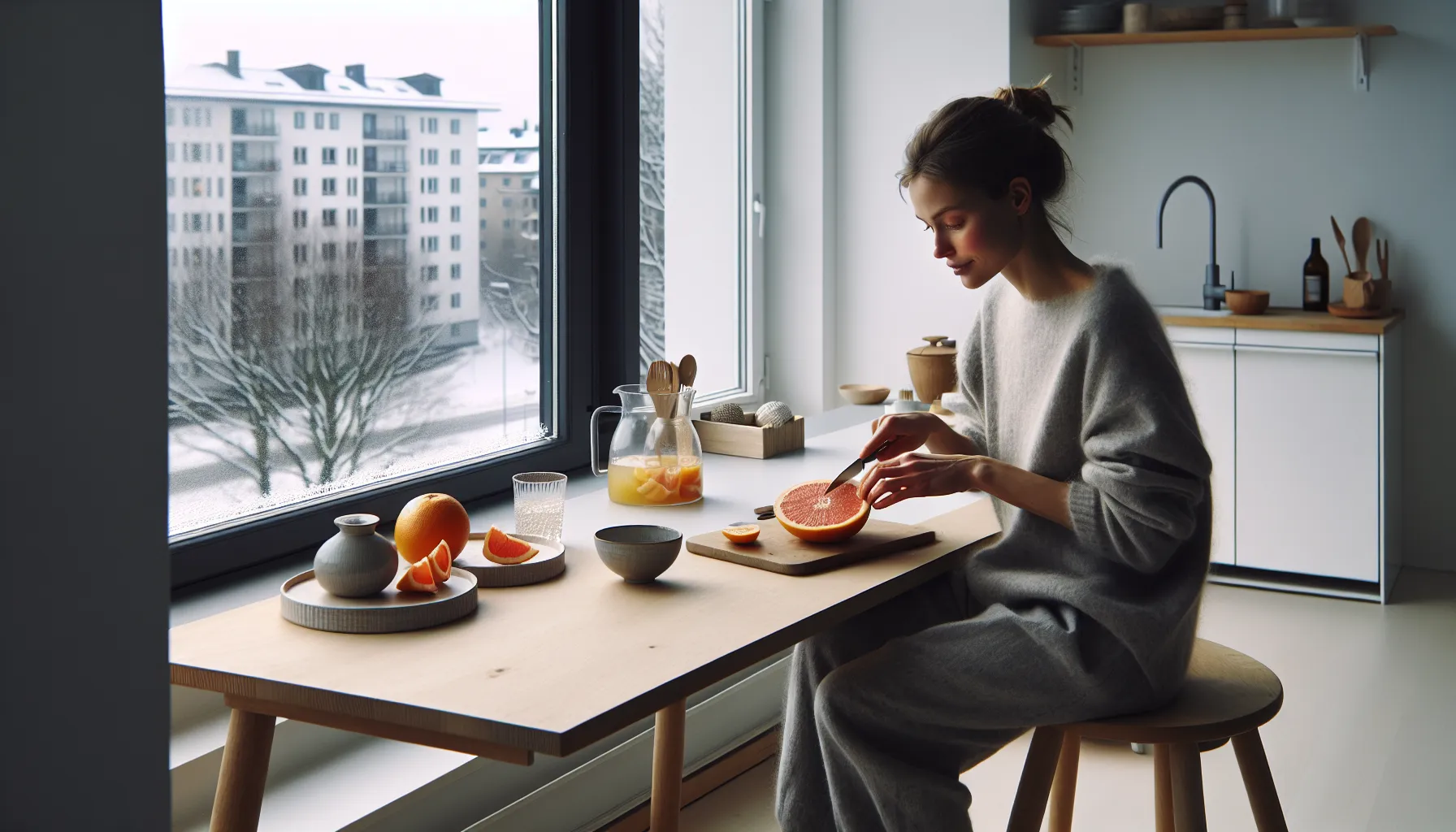 Woman enjoying fresh citrus breakfast in a bright norwegian kitchen to support wellbeing.