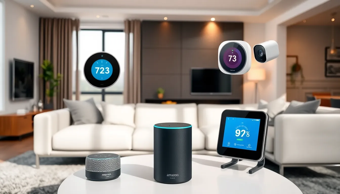 modern living room with various smart home gadgets.