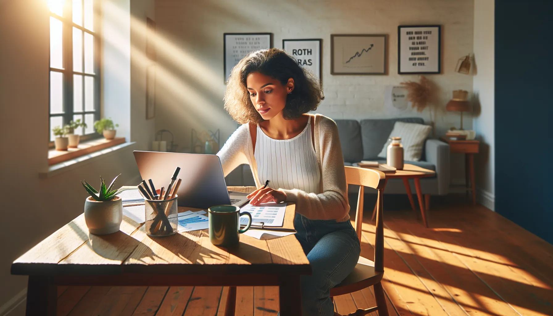 A young woman analyzing financial documents in a home office.