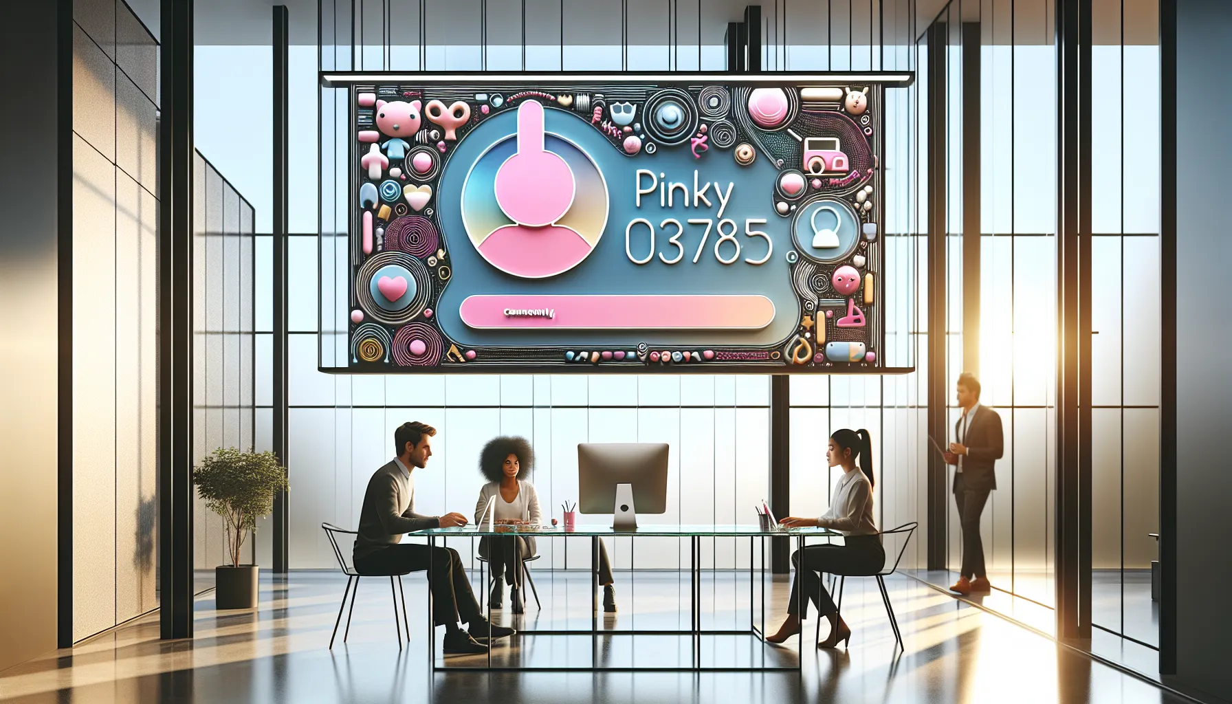 team discussing unique online identities in a modern office.