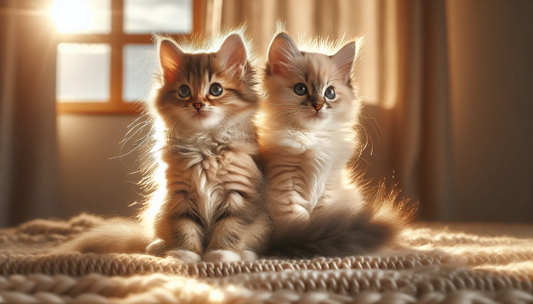 two kittens, a female and a male, on a soft blanket.