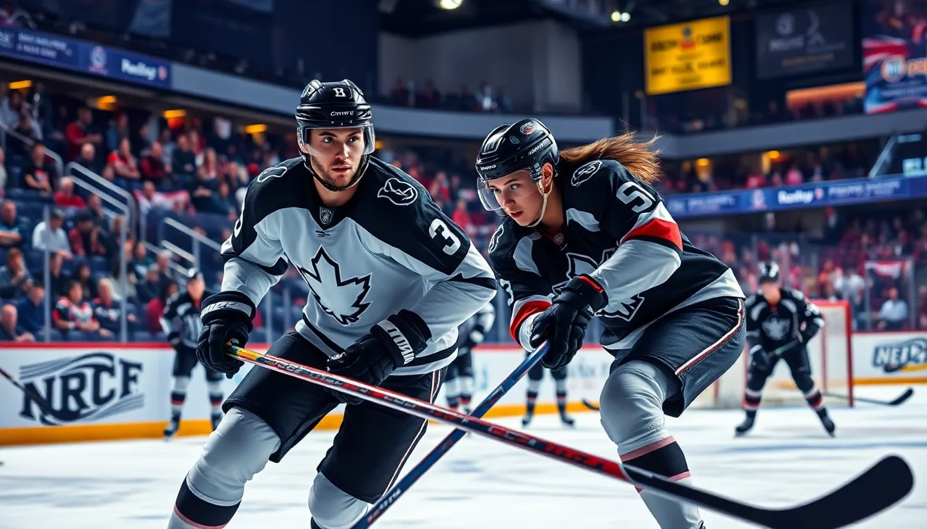 exciting ice hockey action with diverse players in a modern rink.