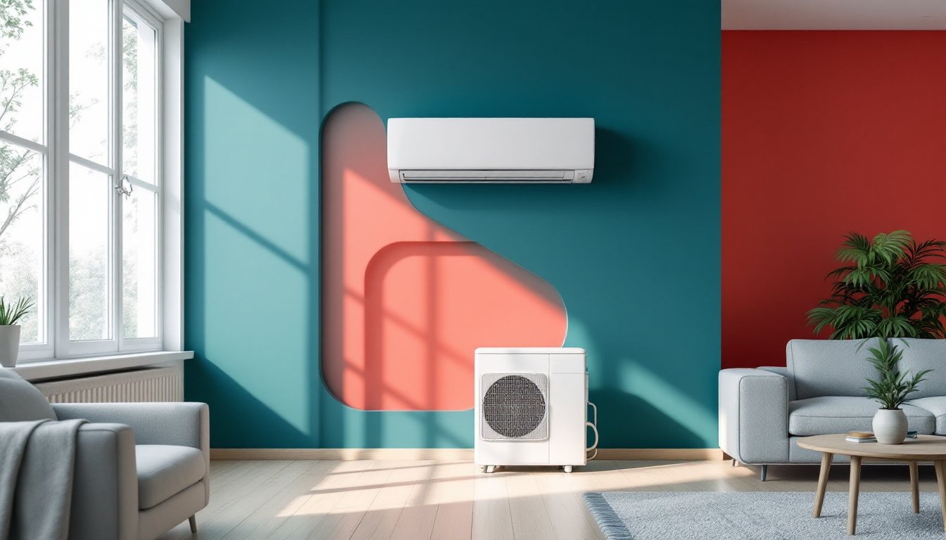 Modern German living room showing wall-mounted split and mobile air conditioning units side by side.