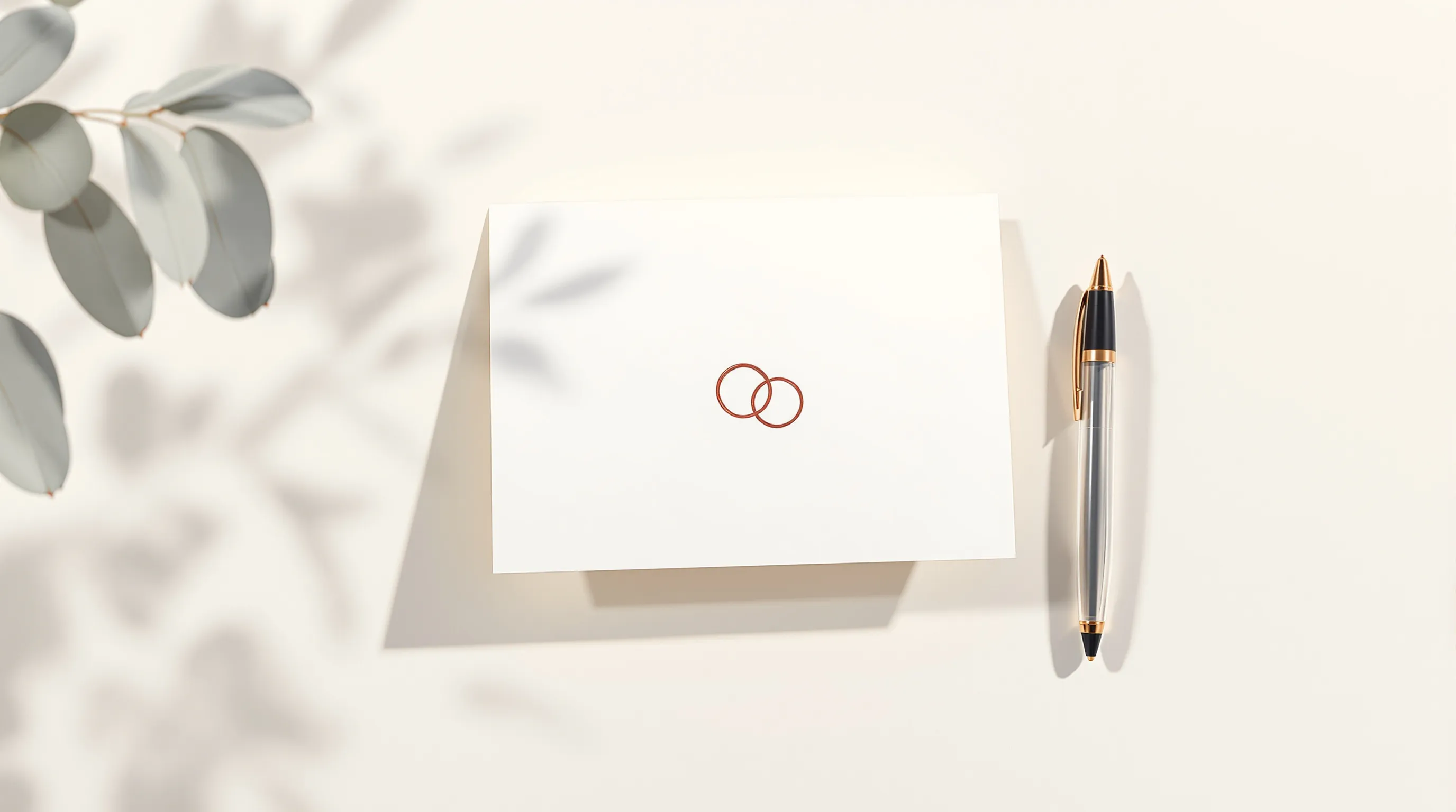 Minimal greeting card with heart and wedding rings beside a pen on white background.